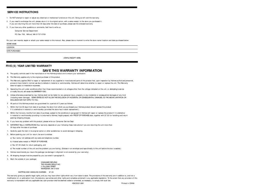 Holmes HS4350 warranty Service Instructions, Five 5 Year Limited Warranty 