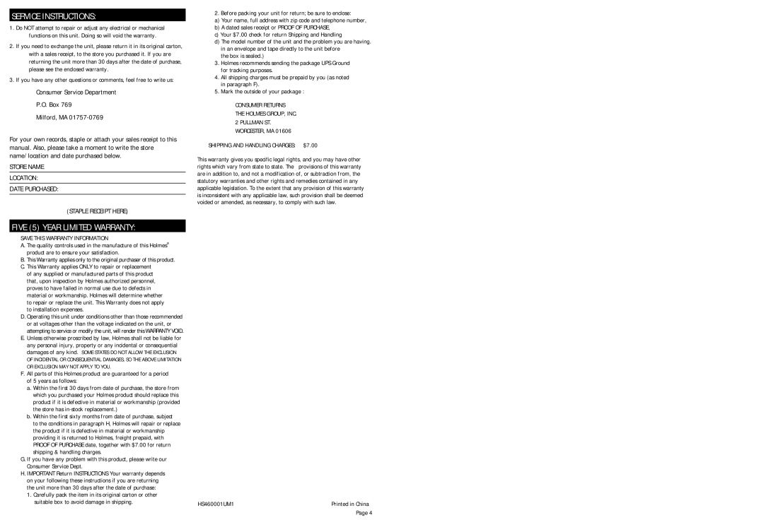 Holmes Service Instructions, Five 5 Year Limited Warranty, Consumer Service Department Box Milford, MA, HS460001UM1 