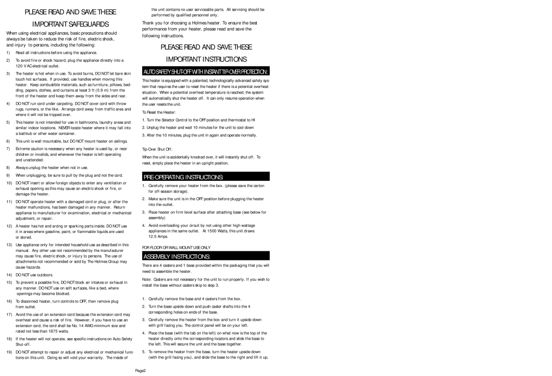 Holmes HS7000 warranty PRE-OPERATING Instructions, Assembly Instructions 