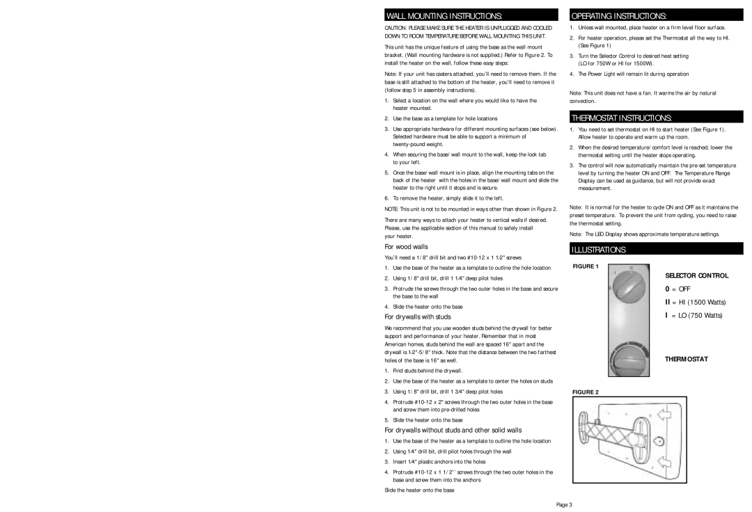 Holmes HS7000 warranty Wall Mounting Instructions, Operating Instructions, Thermostat Instructions 