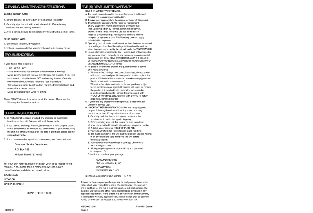 Holmes HS7000 warranty Troubleshooting, Service Instructions, During Season Care, After Season Care 