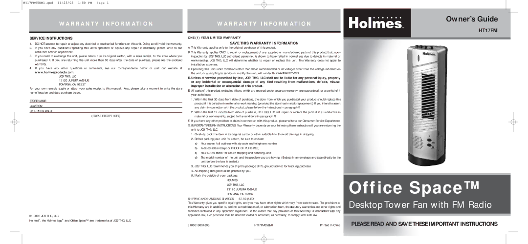 Holmes warranty HT17FM Service Instructions, Save this Warranty Information 