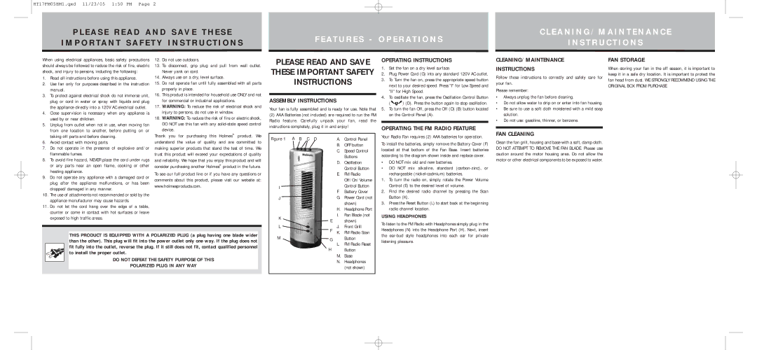 Holmes HT17FM Assembly Instructions, Operating Instructions, CLEANING/MAINTENANCE Instructions, FAN Storage, FAN Cleaning 