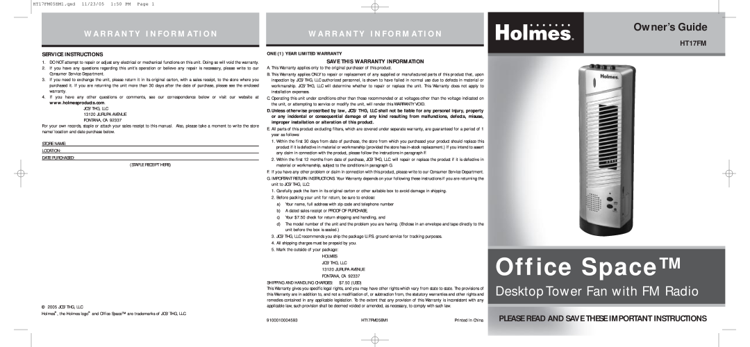 Holmes HT17FM warranty Owner’s Guide, Service Instructions, Save This Warranty Information, ONE 1 YEAR LIMITED WARRANTY 