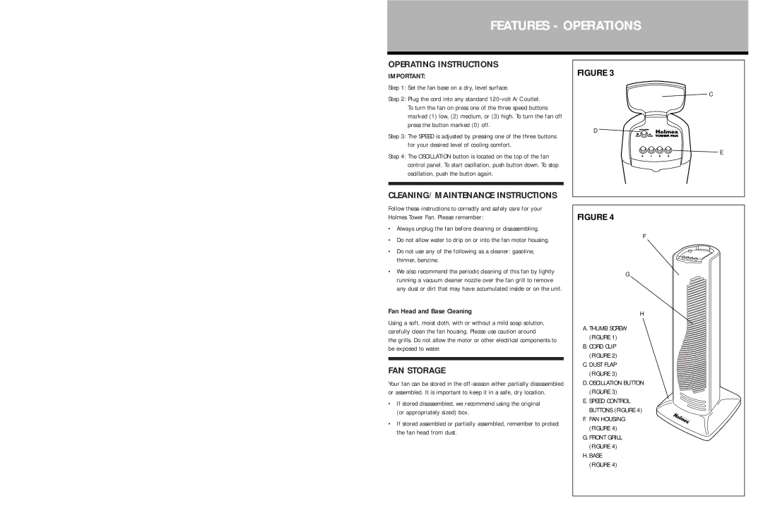 Holmes HT30 warranty Operating Instructions, FAN Storage, CLEANING/MAINTENANCE Instructions 