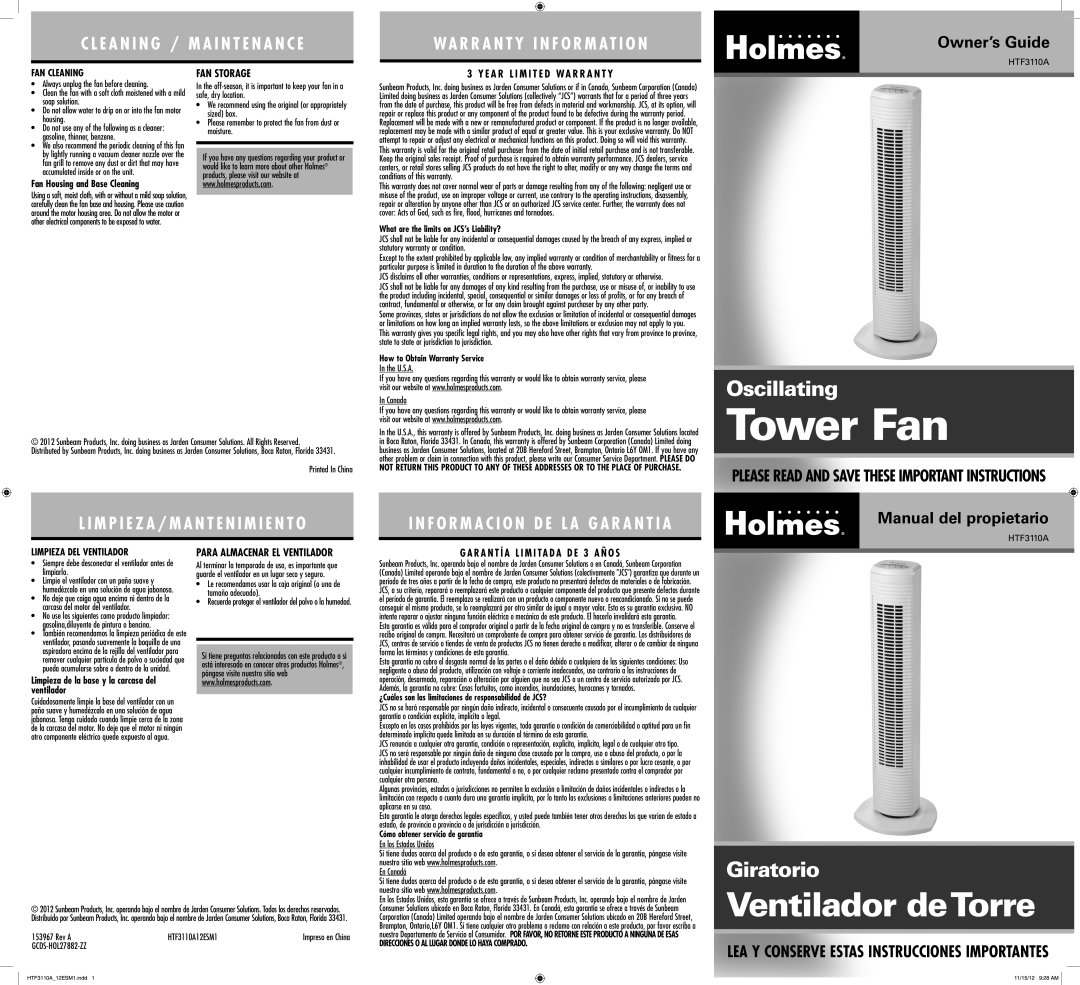 Holmes HTF3110AWM warranty FAN Storage, FAN Cleaning, Limpieza DEL Ventilador, Para Almacenar EL Ventilador 