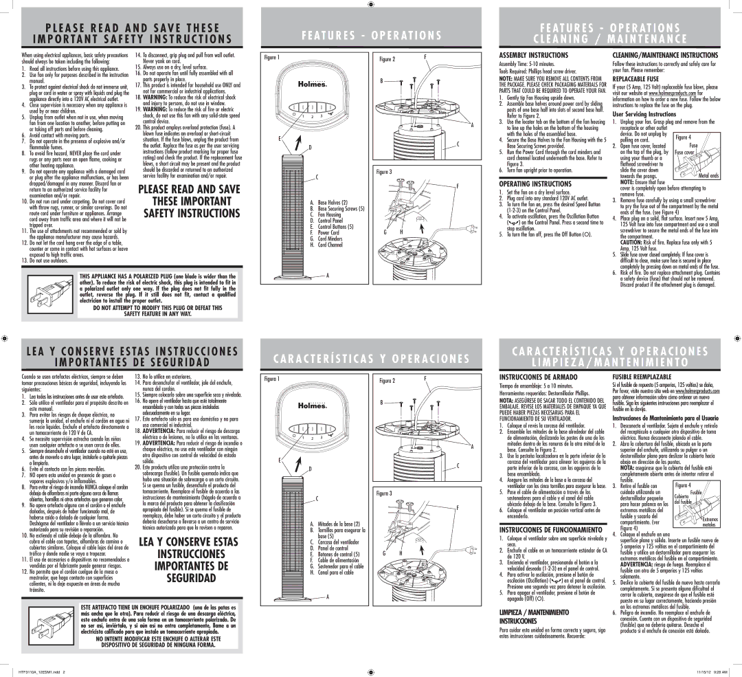 Holmes HTF3110AWM warranty Assembly Instructions, Operating Instructions, Instrucciones DE Armado 