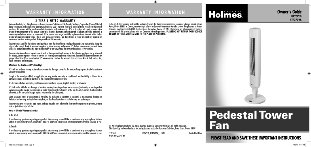 Holmes HT26PED, HTF3709A warranty What are the limits on JCS’s Liability?, How to Obtain Warranty Service, U.S.A Canada 