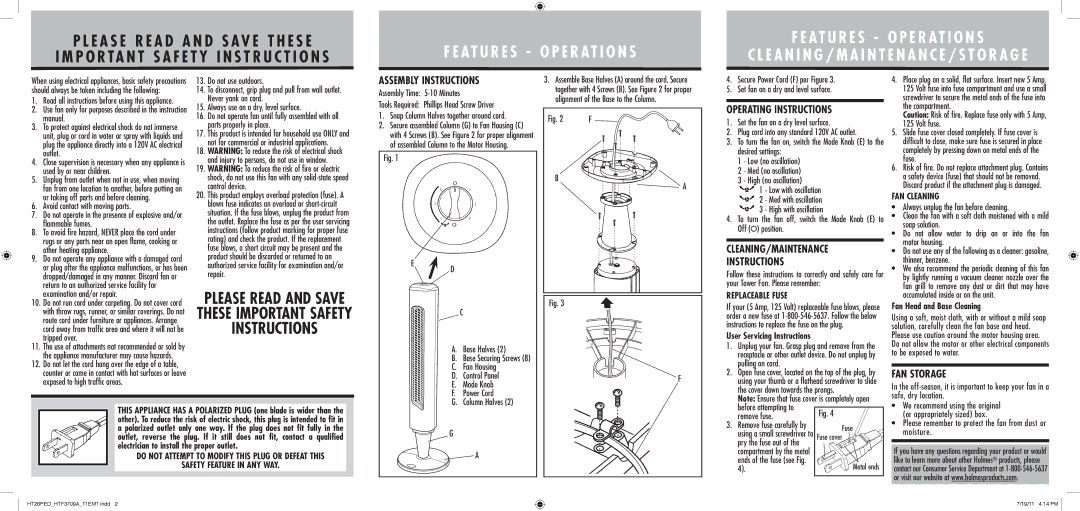 Holmes HTF3709A, HT26PED warranty Operating Instructions, CLEANING/MAINTENANCE Instructions, FAN Storage 