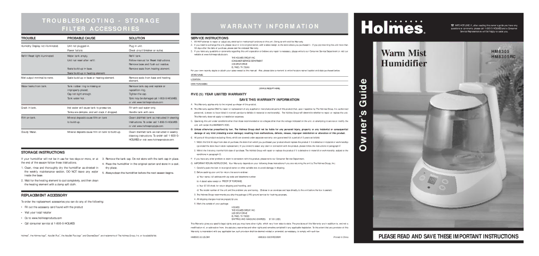 Holmes HM8305 warranty Storage Instructions, Replacement Accessory, Please Read and Save These Important Instructions 