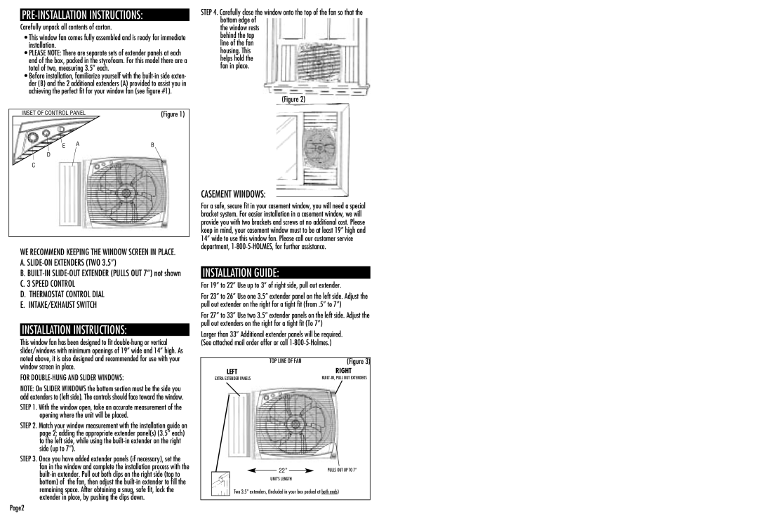 Holmes window fan Installation Instructions, Installation Guide, Casement Windows, For DOUBLE-HUNG and Slider Windows 