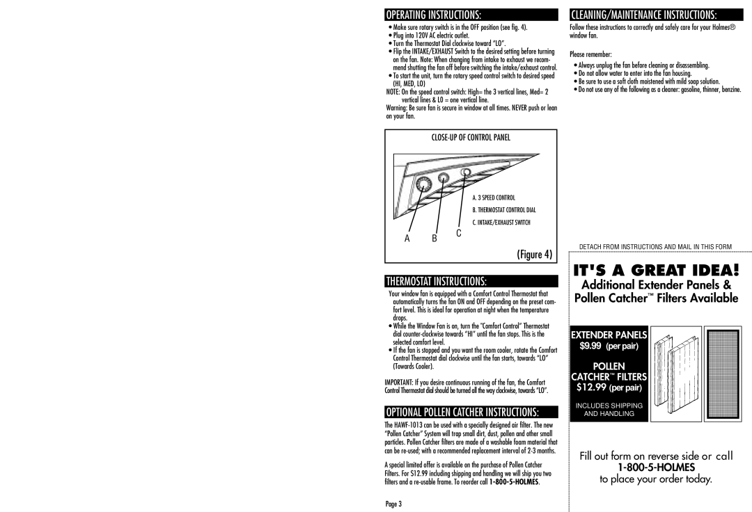 Holmes HAWF-1013, window fan warranty Operating Instructions, Thermostat Instructions, CLOSE-UP of Control Panel 