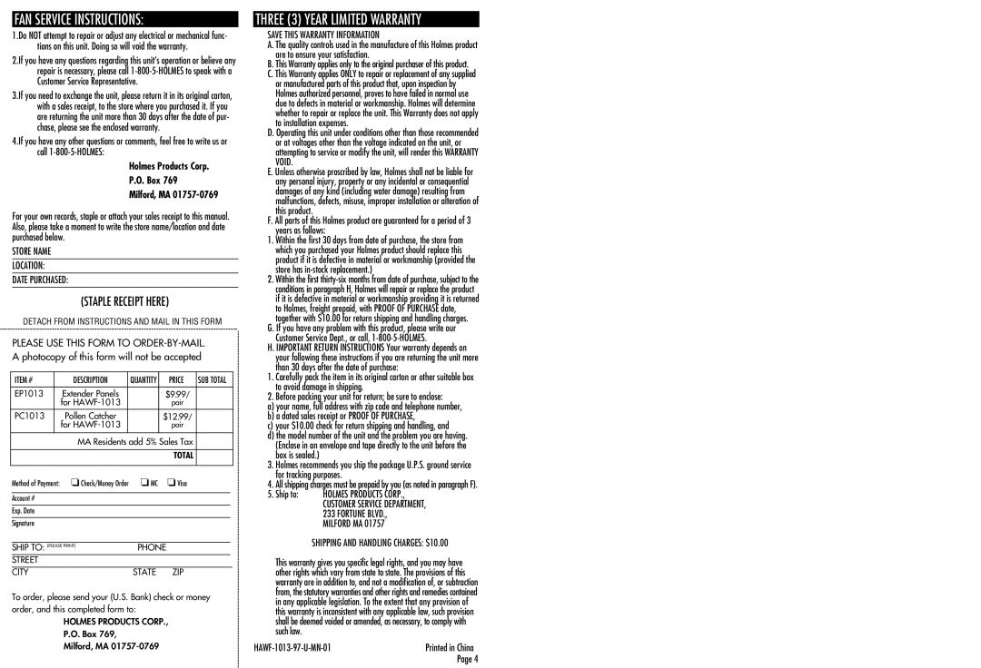 Holmes window fan, HAWF-1013 warranty FAN Service Instructions, Staple Receipt Here 