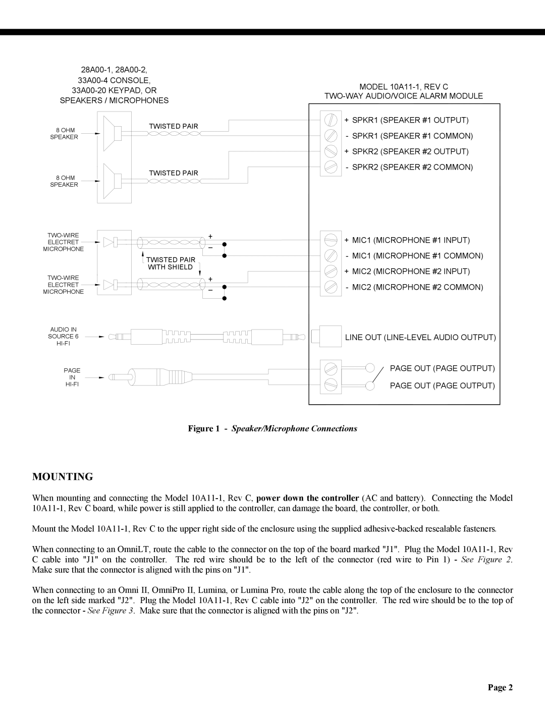 Home Automation 10A11-1 manual Mounting, Speaker/Microphone Connections 