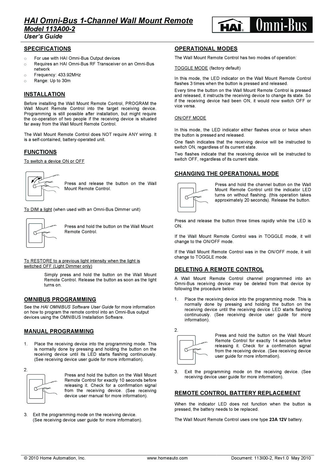 Home Automation 113A00-2 specifications Specifications, Installation, Functions, Operational Modes, Omnibus Programming 