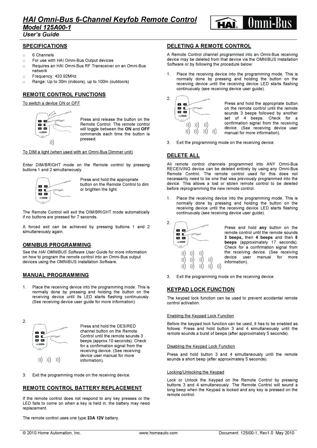 Home Automation 125A00-1 specifications Specifications, Remote Control Functions, Omnibus Programming, Manual Programming 