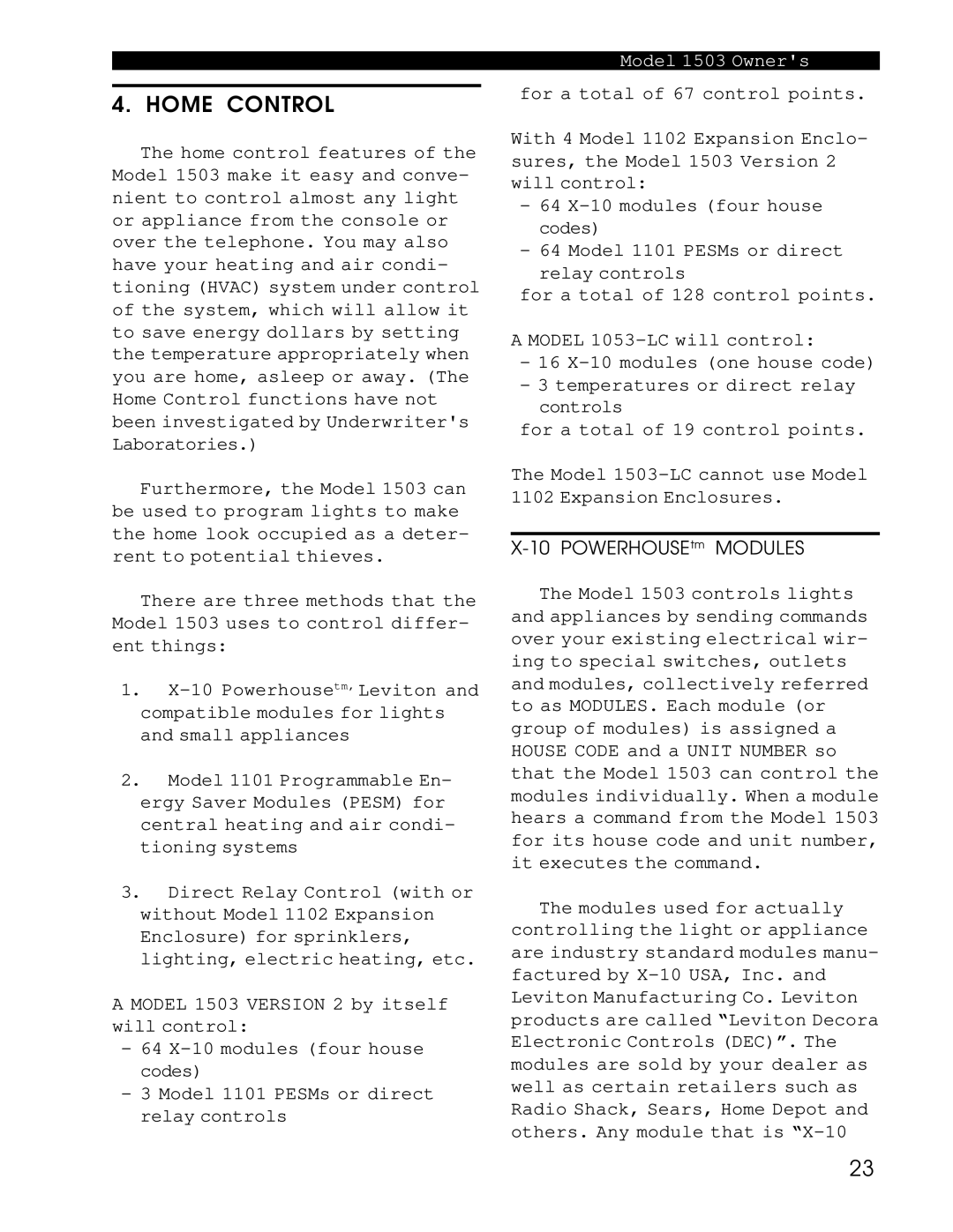 Home Automation owner manual Model 1503-LC cannot use Model 1102 Expansion Enclosures 