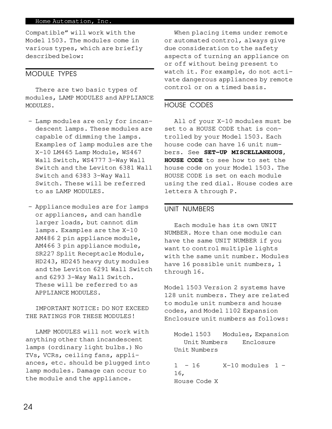 Home Automation 1503 owner manual Module Types, Appliance Modules 