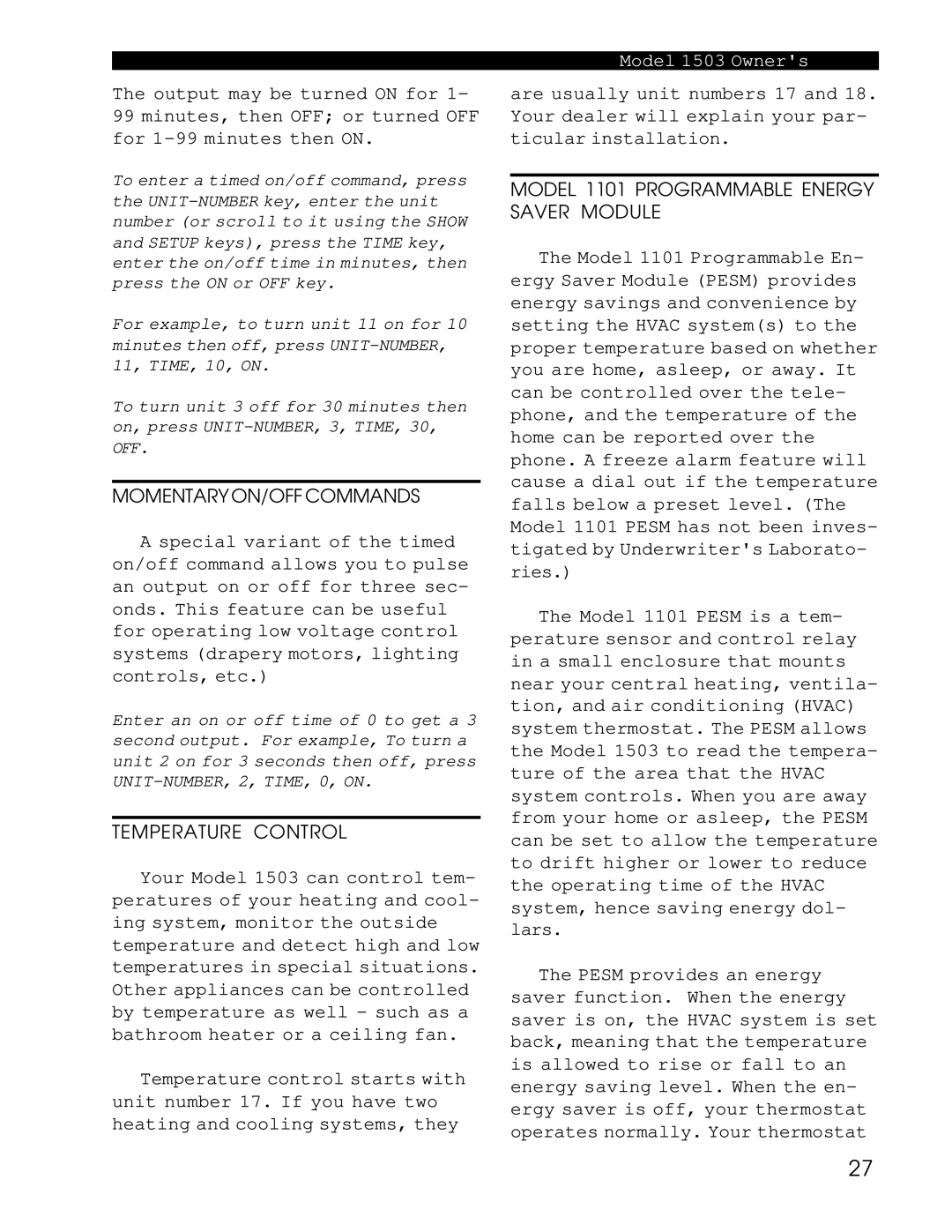 Home Automation 1503 owner manual Momentary ON/OFF Commands 