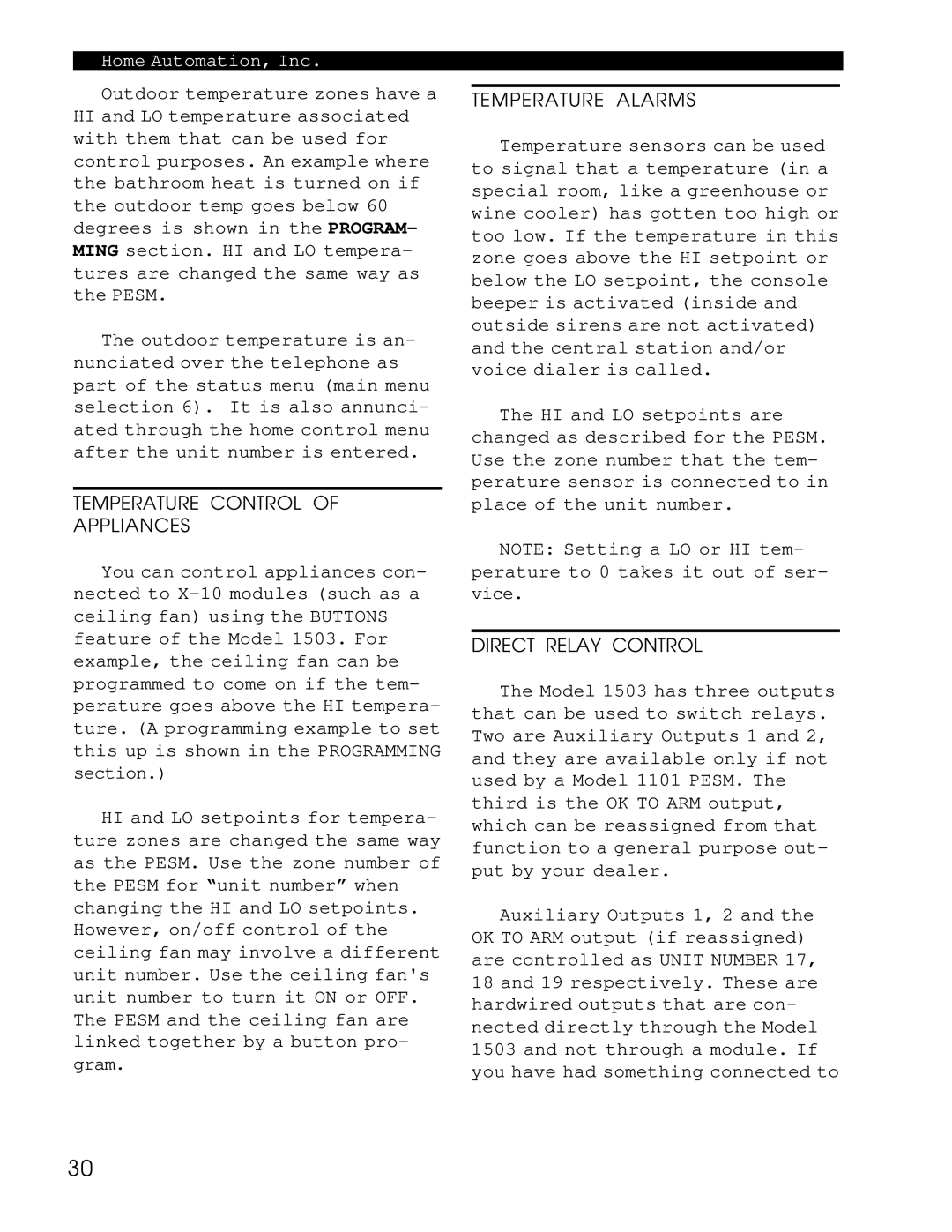 Home Automation 1503 owner manual Temperature Control Appliances, Temperature Alarms 