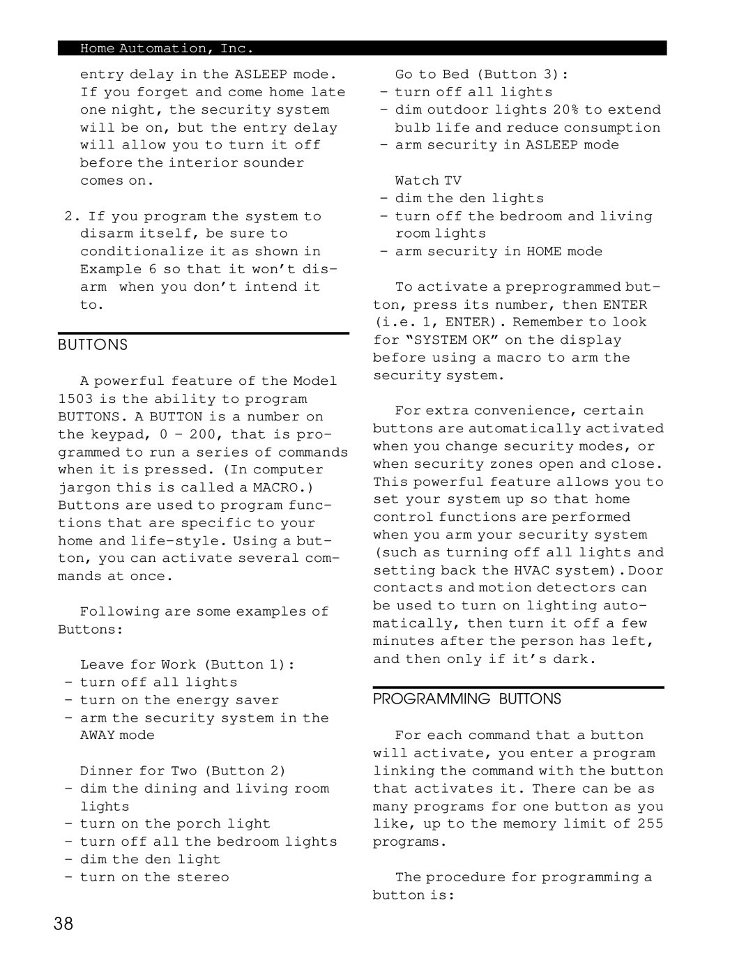 Home Automation 1503 owner manual Buttons, Procedure for programming a button is 