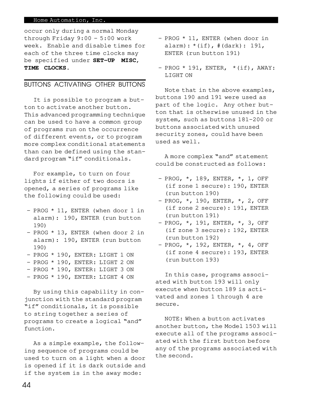 Home Automation 1503 owner manual Time Clocks, Light on 