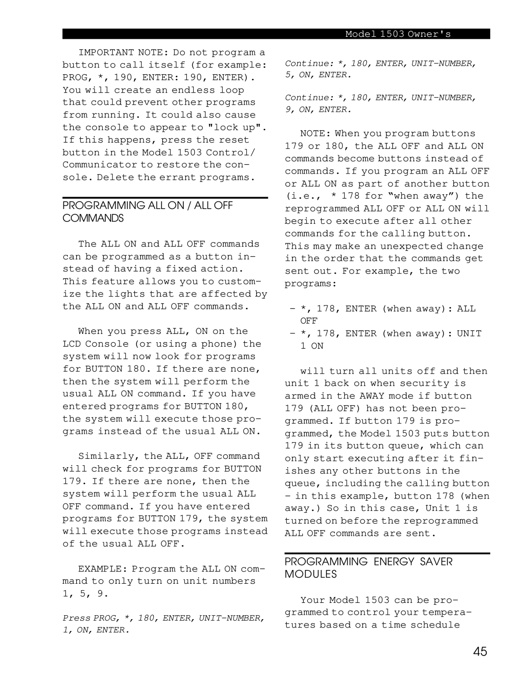 Home Automation 1503 owner manual 178, Enter when away ALL OFF 178, Enter when away Unit 1 on 