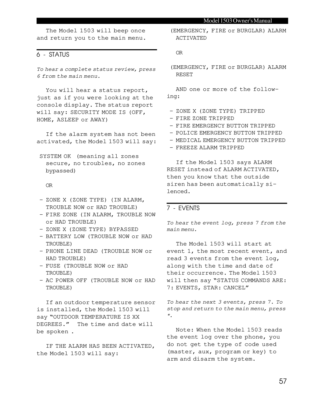 Home Automation 1503 owner manual Fire Zone in ALARM, Trouble NOW or had Trouble, Zone X Zone Type Bypassed, Had Trouble 