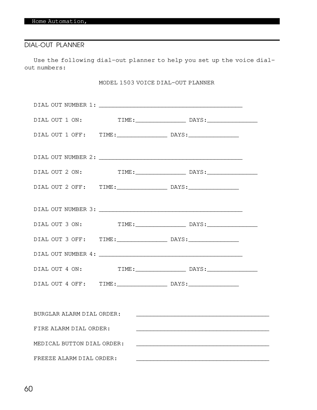 Home Automation Model 1503 Voice DIAL-OUT Planner, Dial OUT 1 on, Dial OUT 1 OFF, Dial OUT 2 on, Dial OUT 2 OFF 