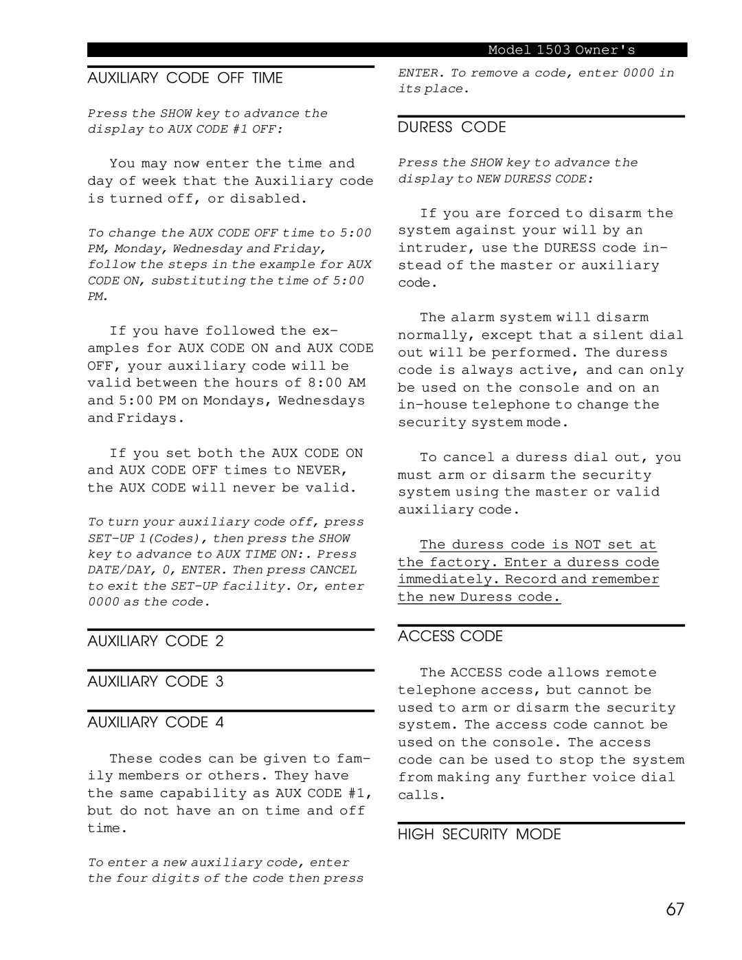 Home Automation 1503 owner manual Auxiliary Code, ENTER. To remove a code, enter 0000 in its place 