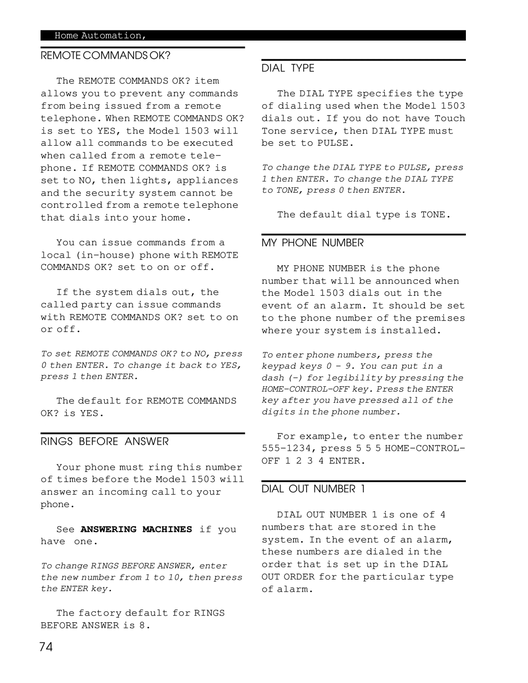 Home Automation 1503 Default for Remote Commands OK? is YES, Factory default for Rings Before Answer is, Dial Type 