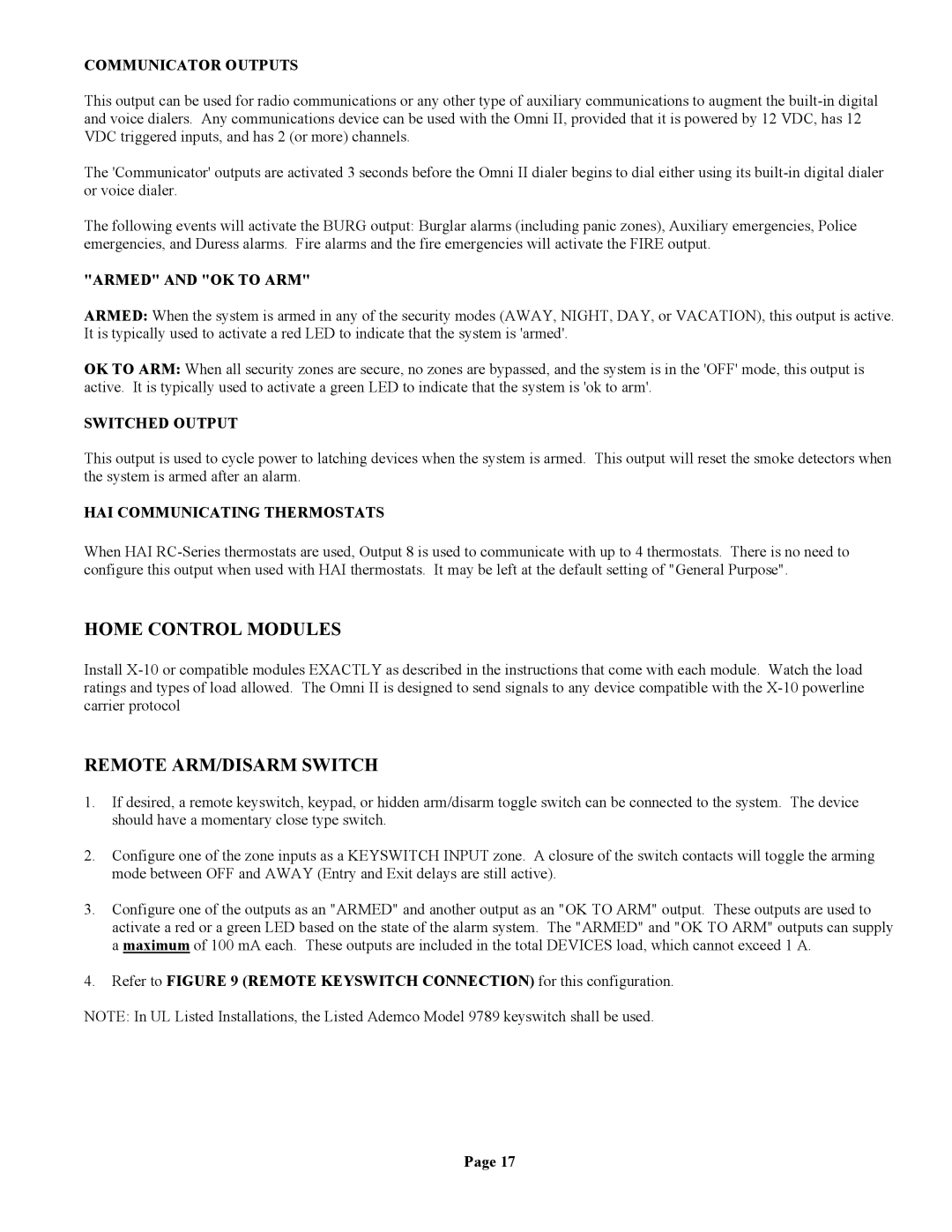 Home Automation 20A00-1 installation manual Home Control Modules, Remote ARM/DISARM Switch 