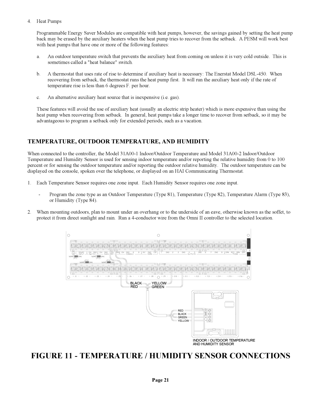 Home Automation 20A00-1 Temperature / Humidity Sensor Connections, TEMPERATURE, Outdoor TEMPERATURE, and Humidity 