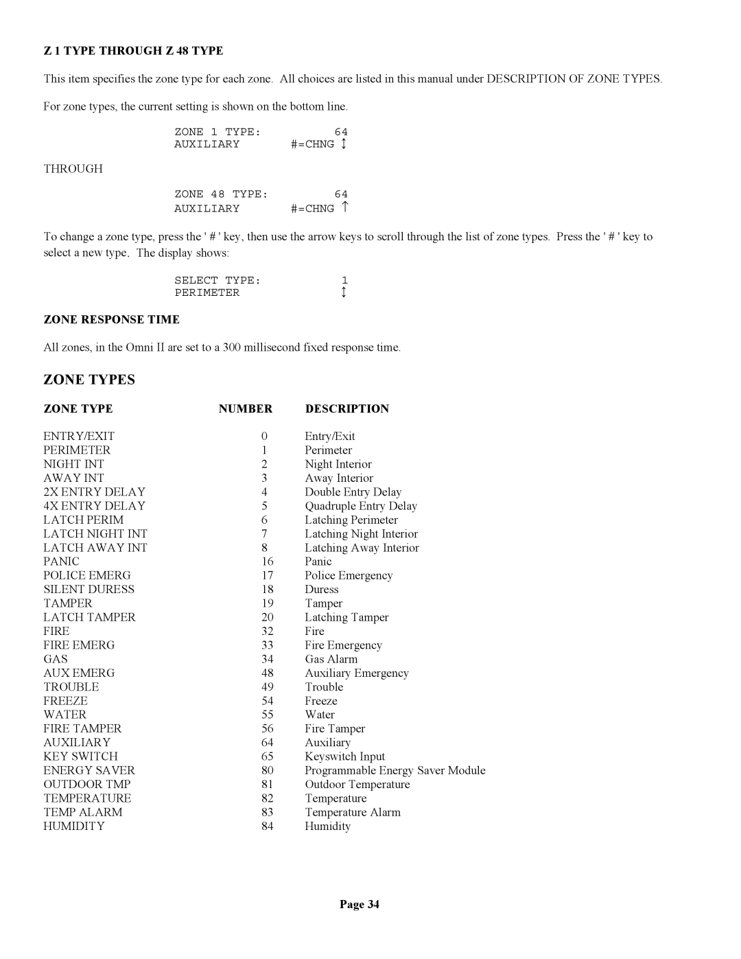 Home Automation 20A00-1 Zone Types, Type Through Z 48 Type, Zone Response Time, Zone Type Number Description 