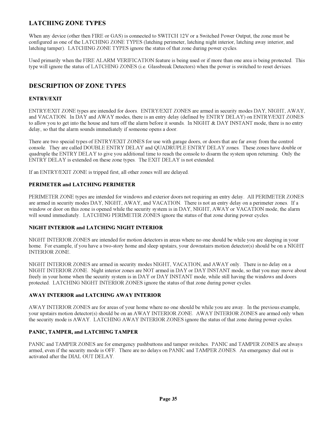 Home Automation 20A00-1 installation manual Latching Zone Types, Description of Zone Types, Entry/Exit 