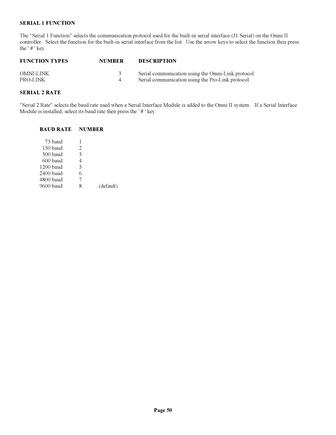 Home Automation 20A00-1 installation manual Serial 1 Function, Function Types Number Description, Serial 2 Rate 