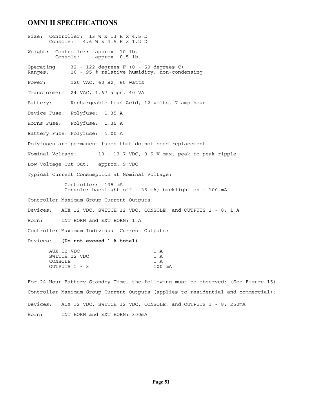 Home Automation 20A00-1 installation manual Omni II Specifications, Vdc 