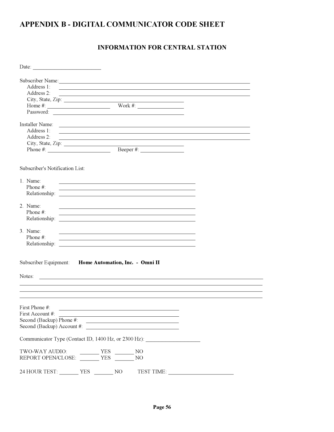 Home Automation 20A00-1 installation manual Appendix B Digital Communicator Code Sheet, Information for Central Station 