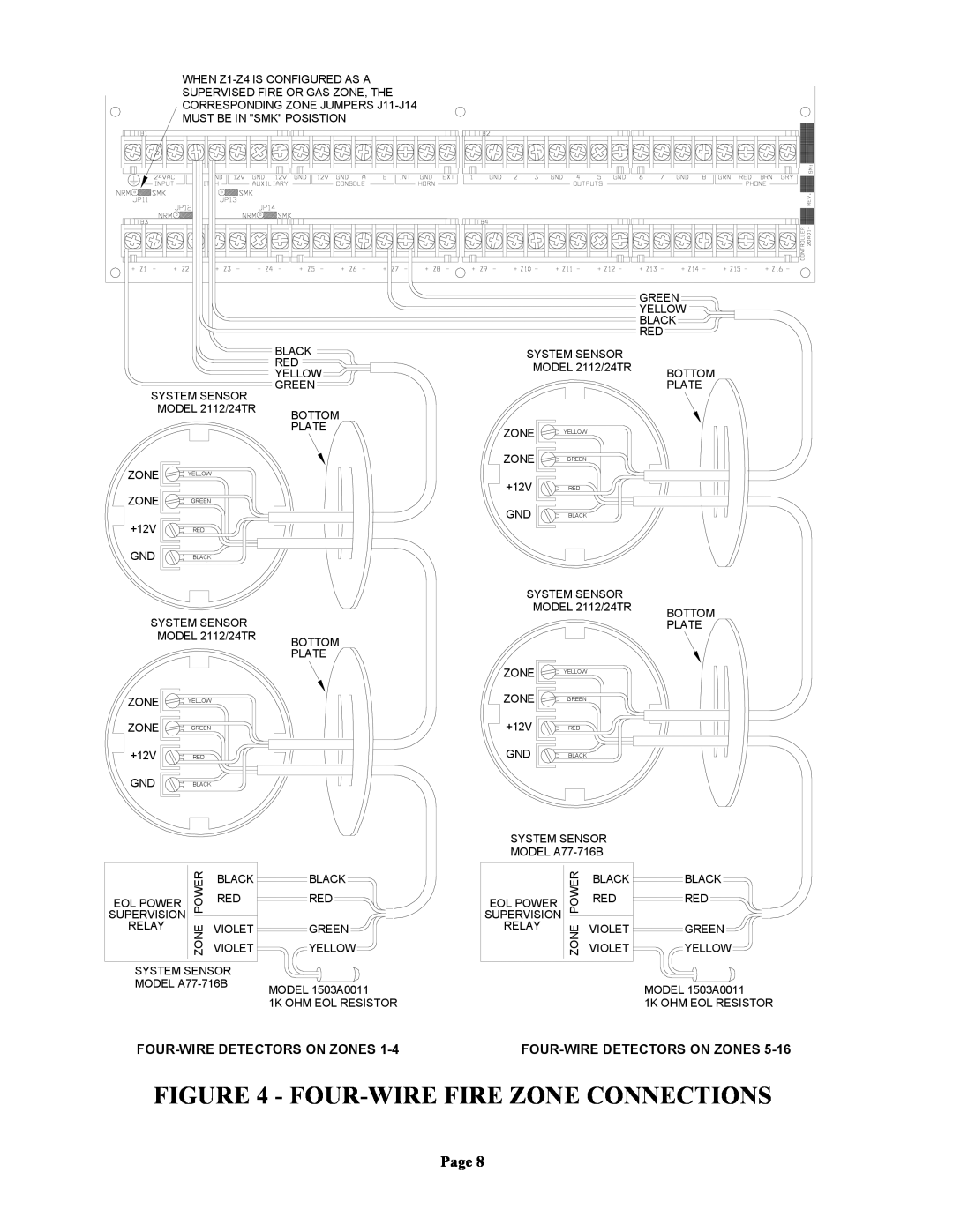 Home Automation 20A00-1 installation manual Four-Wirefire Zone Connections, Page, Four-Wiredetectors On Zones 