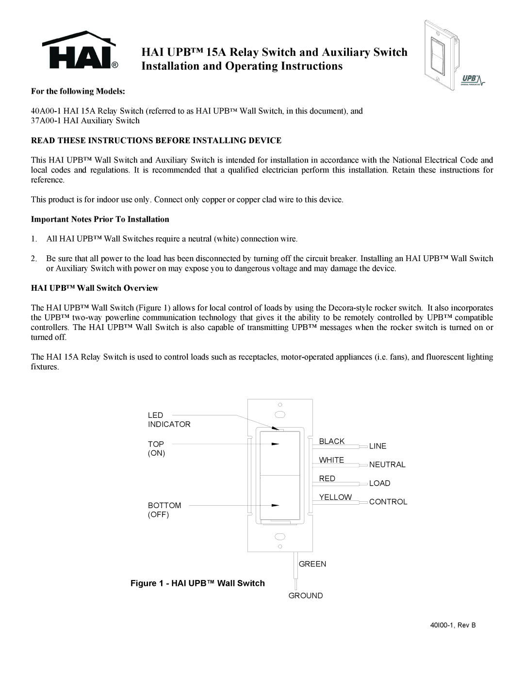 Home Automation 40A00-1, 37A00-1 manual For the following Models, Read These Instructions Before Installing Device 