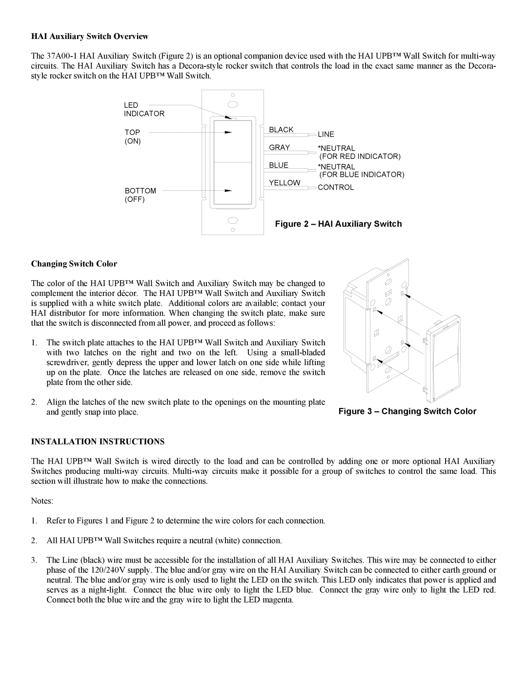 Home Automation 37A00-1, 40A00-1 manual HAI Auxiliary Switch Overview, Changing Switch Color, Installation Instructions 