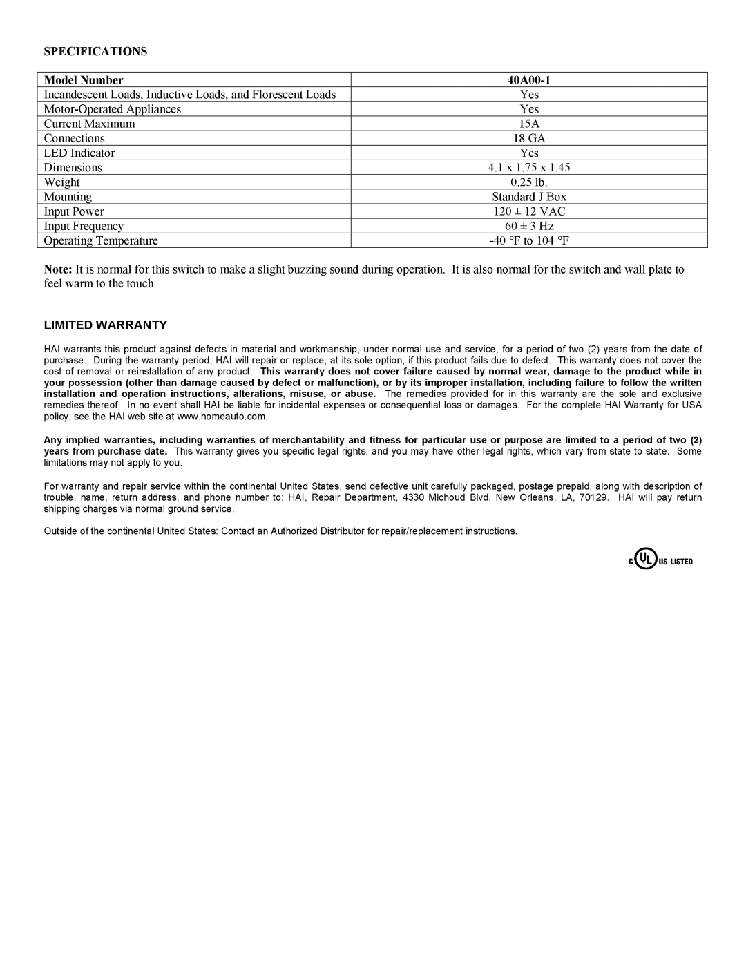 Home Automation 37A00-1 manual Specifications, Model Number 40A00-1 