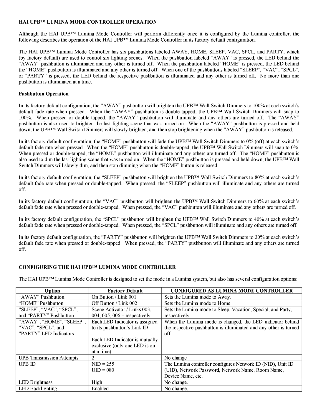 Home Automation 38A00-3 HAI UPB Lumina Mode Controller Operation, Pushbutton Operation, Option Factory Default 