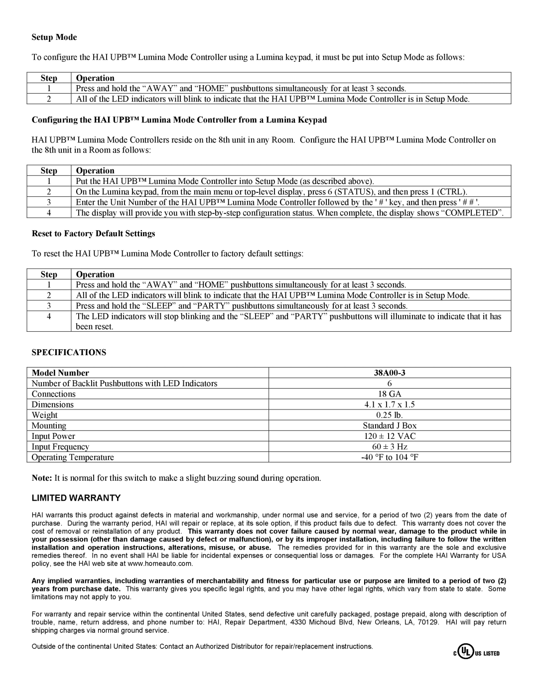 Home Automation 38A00-3 Setup Mode, Step Operation, Reset to Factory Default Settings, Specifications 