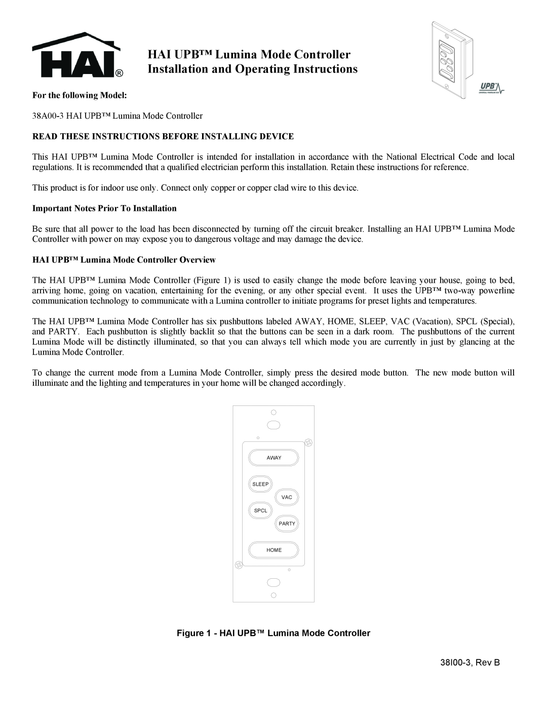 Home Automation 38A00-3 operating instructions For the following Model, Read These Instructions Before Installing Device 