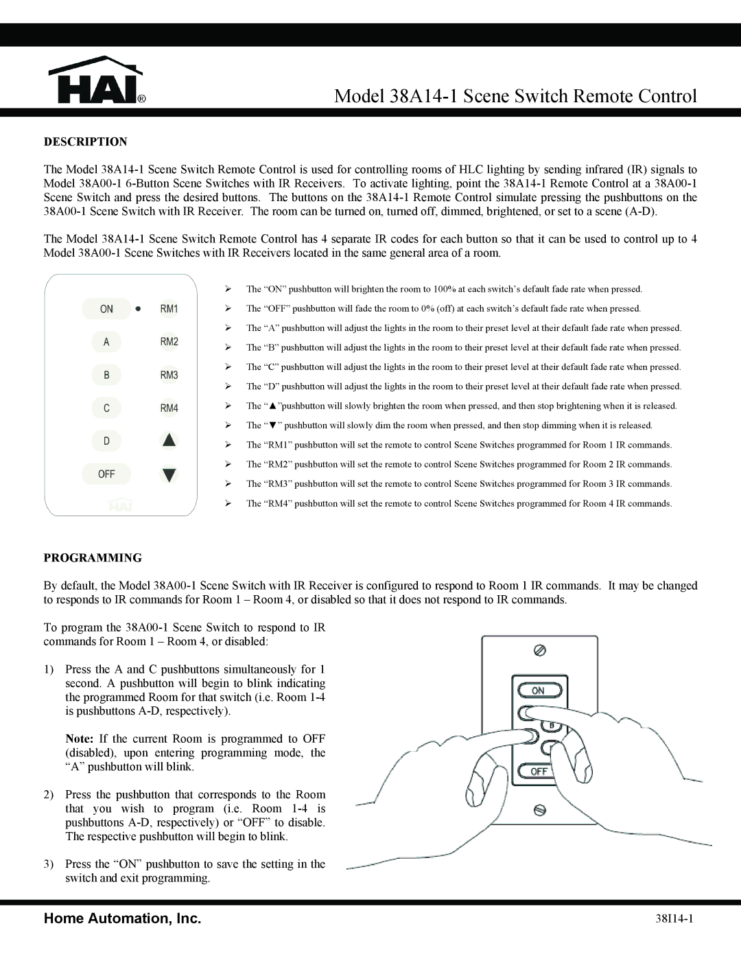 Home Automation manual Model 38A14-1 Scene Switch Remote Control, Home Automation, Inc, Description, Programming 