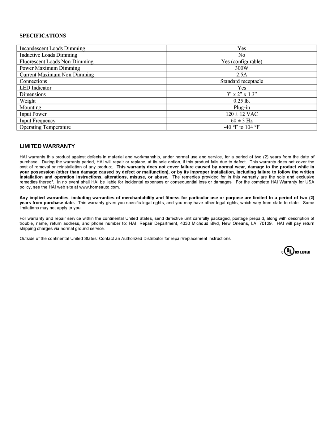 Home Automation 59A00-1 manual Specifications, Limited Warranty 