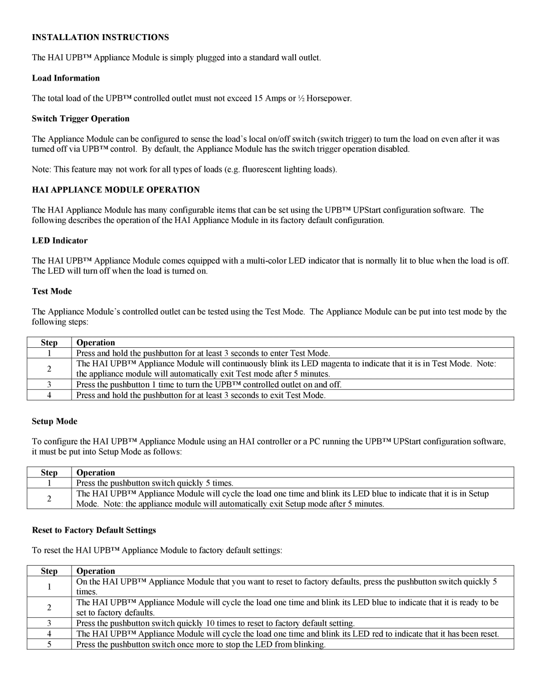 Home Automation 60A00-1 HAI 15A manual Installation Instructions, HAI Appliance Module Operation 