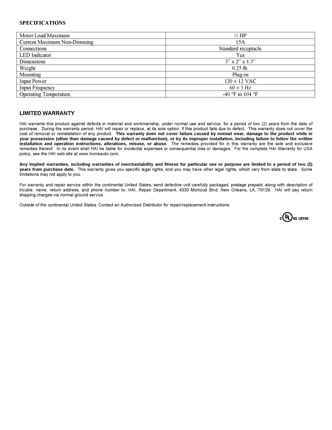 Home Automation 60A00-1 HAI 15A manual Specifications, Limited Warranty 