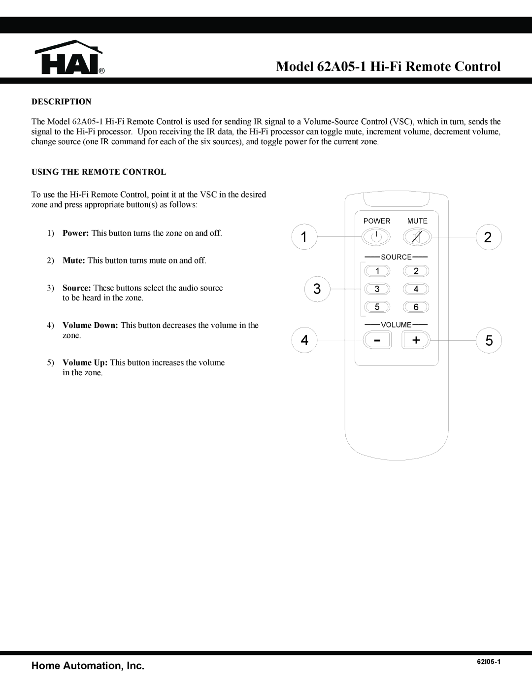 Home Automation manual Model 62A05-1 Hi-Fi Remote Control, Description, Using the Remote Control 